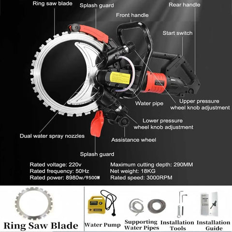 Heavy Duty Wet Cut Concrete Circular Saw Featuring Brushless Motor And Titanium Blade With 290 Mm Groove Capacity And 3000 Rpm showing detailed components.