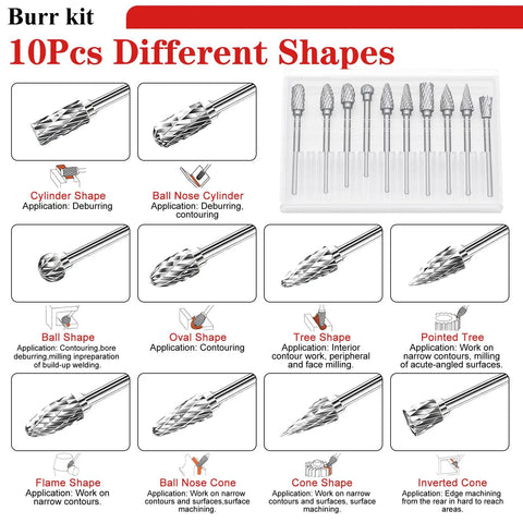 Image of 10 Pcs Different Shaped Burrs from Hard Hitting Carbide Rotary Burr Kit With Tungsten Steel Double Cut Bits.