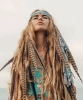 Bohemian woman with 12 Pcs Natural Ringneck Pheasant Tail Feathers 14 To 16 Inch For Crafts Weddings Parties Performances