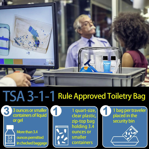16 Pack Clear Makeup Bags TSA Approved Travel Toiletry Pouches showing security bin at airport check with tray and X-ray screen