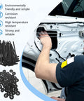 Tough As Nails Heavy Duty Nylon Cable Tie Set For Cars And Everyday Fixes With Self Locking Zip Ties, shown repairing car panel