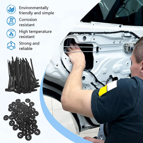 Tough As Nails Heavy Duty Nylon Cable Tie Set For Cars And Everyday Fixes With Self Locking Zip Ties, shown repairing car panel