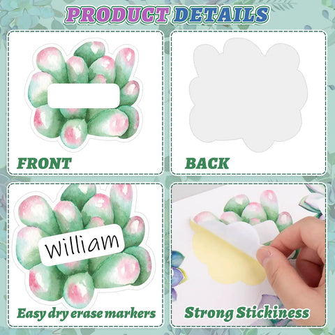 80Pcs Back To School Succulent Name Tag Stickers Set with 8 Designs, showing front and back features with easy peel and stick application.