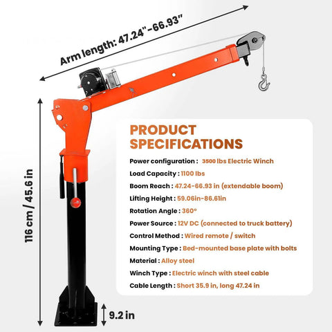 Solid As A Rock Folding Truck Bed Crane With 1100 Lb Capacity And 2000 Lb Electric Winch 12V 360 Swivel Alloy Steel jib hoist specifications and arm length.