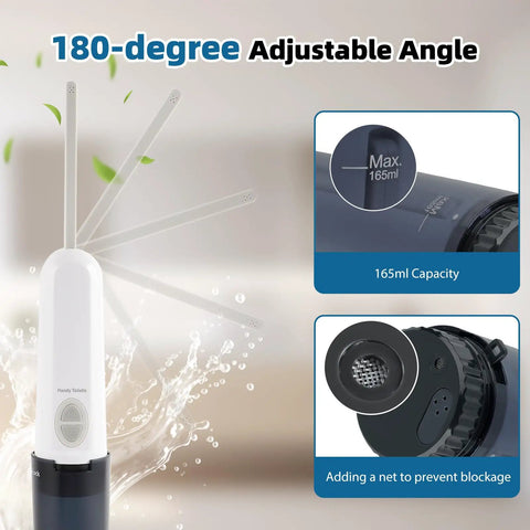 Two Pack Portable Bidet Travel Kit With Dual Sprayer showing 180-degree adjustable angle and 165ml capacity in black.