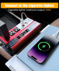Tailgate Beast 1000W Peak Power Inverter converts 12V DC to 110V AC, showing 3 outlets and USB ports charging a phone.