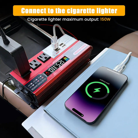 Tailgate Beast 1000W Peak Power Inverter converts 12V DC to 110V AC, showing 3 outlets and USB ports charging a phone.