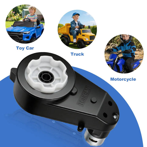 Two Pack 24V RS555 40000RPM High Speed Ride On Motor With Gearbox For Kids Electric Cars, toy car, truck, and motorcycle icons.