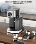 Front view of 3 In 1 Espresso Machine With 20 Bar Pressure, Automatic Milk Frother, Ground Coffee Or Pods, Dual Boiler, 57 Oz Water Tank, Home Espresso For Cappuccino And Latte, Touchscreen Control Panel on a kitchen counter with accessories.