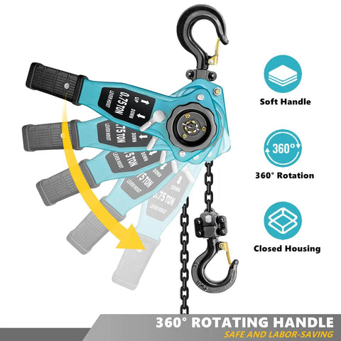 Manual Lever Chain Hoist 3/4 Ton Capacity, 1650 Lb Load, 5 Ft Ratchet Chain Puller Hoist with 360° rotating handle in blue finish.