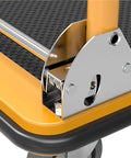 Close-up of Real Heavy Duty Foldable Platform Dolly Rock Solid Self Balancing Base and Smooth Rolling Wheels mechanism detail.