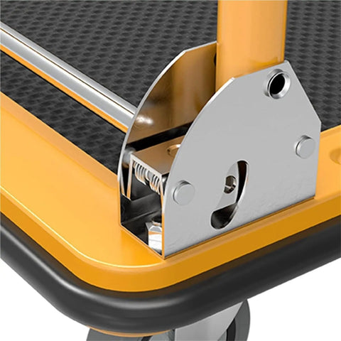 Close-up of Real Heavy Duty Foldable Platform Dolly Rock Solid Self Balancing Base and Smooth Rolling Wheels mechanism detail.