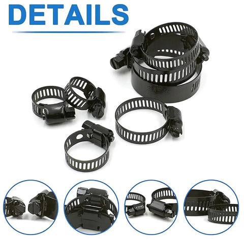 Black Stainless Steel Worm Gear Hose Clamp Set Adjustable 6 To 38mm Assortment for versatile plumbing and mechanical projects