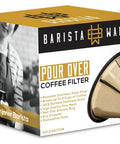 Barista Warrior packaging for Reusable Stainless Steel Pour Over Coffee Filter for Chemex and Hario V60 Drippers, Gold.