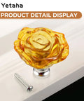 Yellow Crystal Rose Shaped Glass Cabinet Knobs 5 Pack With Screws Easy Install product detail on display