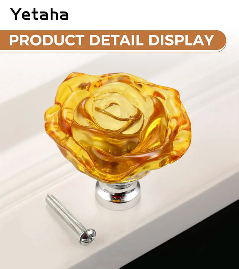 Yellow Crystal Rose Shaped Glass Cabinet Knobs 5 Pack With Screws Easy Install product detail on display