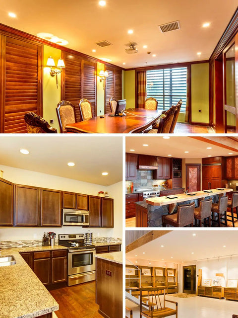 Six Inch Canless Recessed LED Light With Junction Box in dining, kitchen, and living areas, slim low-profile design.