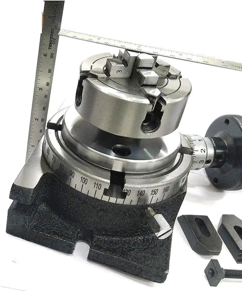 4 Inch Milling Indexing Rotary Table Set With 100 MM Diameter, showing 70 MM Four Jaw Independent Chuck and 360 Degree Graduation