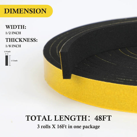 Foam adhesive strip with dimensions, showing width, thickness, and total length.