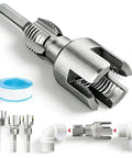 Four In One Pipe Wrench And Threader Kit For Pvc Pipes showing metallic pipe threading tool, tap, and plumbing tape, ideal for DIY projects.