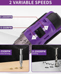 Purple Brushless Cordless Drill Set For Home DIY showing variable speeds and rpm settings for drilling and screw driving