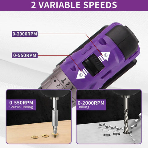 Purple Brushless Cordless Drill Set For Home DIY showing variable speeds and rpm settings for drilling and screw driving