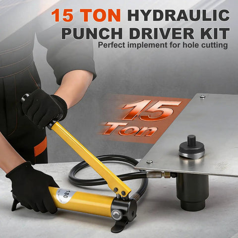 15 ton hydraulic punch driver kit in use with metal sheet, featuring notch for hole cutting