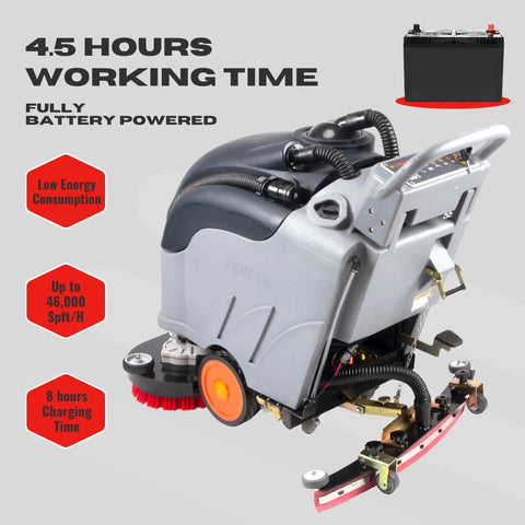 Side view of 28-Inch Commercial Floor Scrubber with dual brushes, pad system, and self-propelled traction drive for large facilities.