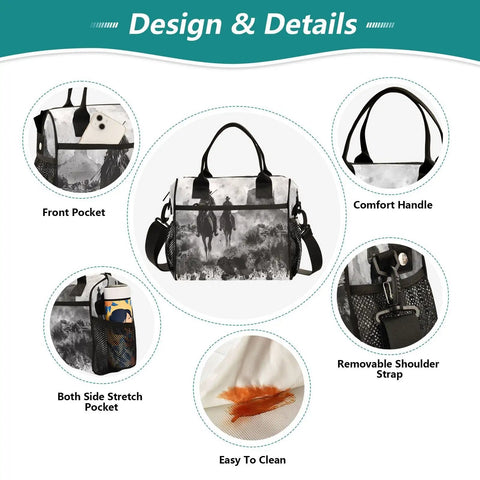 Design details of Desert Cowboy Insulated Lunch Bag For Women On The Go with front pocket, comfort handle, and removable strap