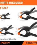 Heavy Duty Nylon Spring Clamp Set With Adjustable Jaw Pads, 14-Piece Kit, showing four clamp sizes with measurements.