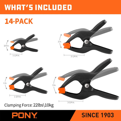 Heavy Duty Nylon Spring Clamp Set With Adjustable Jaw Pads, 14-Piece Kit, showing four clamp sizes with measurements.