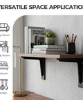 Beefy Heavy Duty L Shelf Brackets 1 Pair Matte Black Stainless Steel floating shelf mount with books and decor items.