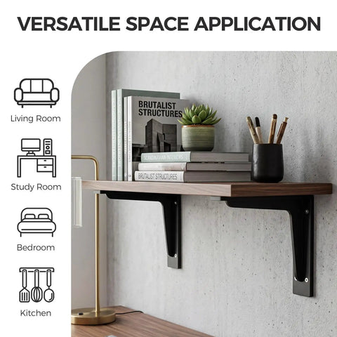 Beefy Heavy Duty L Shelf Brackets 1 Pair Matte Black Stainless Steel floating shelf mount with books and decor items.