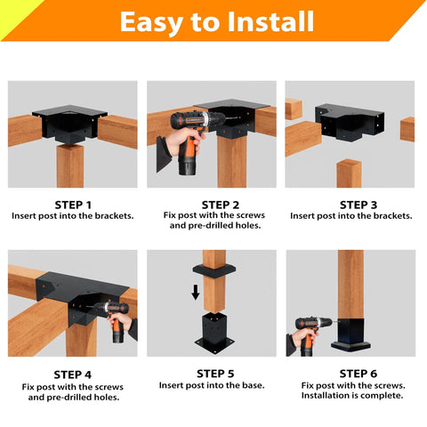 Installation steps for the Beefed Up Iron Pergola Bracket Kit For 4x4 Posts With 3 Way And 4 Way Corner Brackets Includes Metal Base And Screws