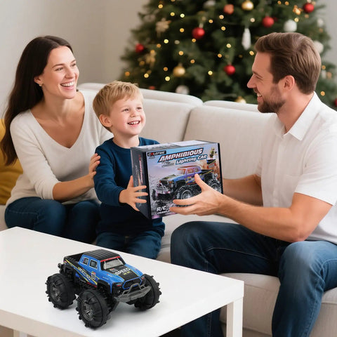 Child receiving Waterproof Monster Truck Gesture RC Car With 4WD Amphibious All Terrain Drive Dual Mode Remote Control Toy