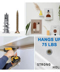 120 Piece Self Drilling Drywall Anchors Kit With Screws Zinc Alloy No Fuss Easy Install Heavy Duty Wall Fasteners For Quick Mounting On Drywall Plaster Or Concrete Surfaces, anchors and screws shown in use