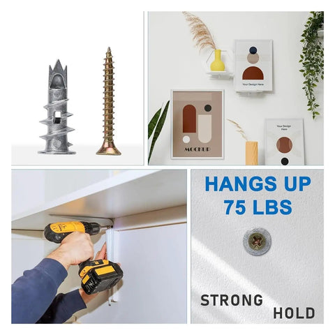 120 Piece Self Drilling Drywall Anchors Kit With Screws Zinc Alloy No Fuss Easy Install Heavy Duty Wall Fasteners For Quick Mounting On Drywall Plaster Or Concrete Surfaces, anchors and screws shown in use