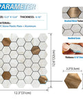 Diagram of 10 Pack Peel And Stick Hexagon Backsplash Tiles In Cream Marble Brushed Copper Metal Look For Kitchen And Bath, showing size and material details.
