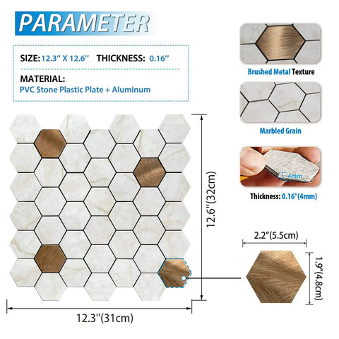 Diagram of 10 Pack Peel And Stick Hexagon Backsplash Tiles In Cream Marble Brushed Copper Metal Look For Kitchen And Bath, showing size and material details.