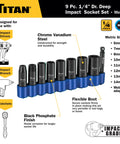 9-Piece 1/4-Inch Drive Deep Impact Socket Set With 6-Point Metric Sizes 6 To 14mm Plus 1/4-Inch Hex To Square Wobble Adapter Chrome Vanadium Steel Black Oxide Finish Heavy-Duty Auto Repair Gear