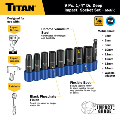 9-Piece 1/4-Inch Drive Deep Impact Socket Set With 6-Point Metric Sizes 6 To 14mm Plus 1/4-Inch Hex To Square Wobble Adapter Chrome Vanadium Steel Black Oxide Finish Heavy-Duty Auto Repair Gear