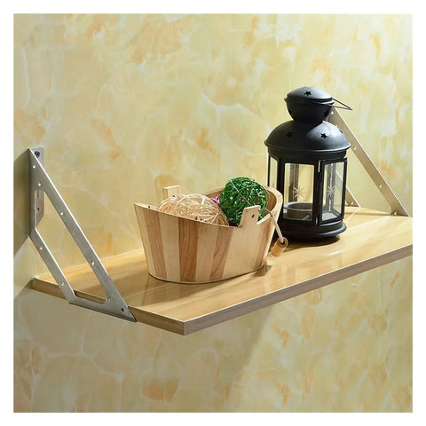 Heavy Duty Knockout Stainless Steel Corner Brackets 90 Degree L Shape Wall Shelf Bracket Set with wooden basket and lantern.