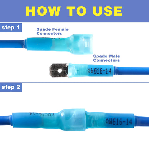 Blue heat-shrink spade connector set with male and female quick-disconnect terminals (260-piece).