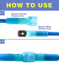 How to use Dope Blue Heat Shrink Spade Connectors Kit 200PCS AWG 16 14 with spade male and female connectors step-by-step.