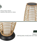 Close-up of Patio Floor Lamp Outdoor Solar Powered Lantern With Weather Resistant Wicker Finish showing base and wicker detail.