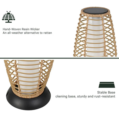 Close-up of Patio Floor Lamp Outdoor Solar Powered Lantern With Weather Resistant Wicker Finish showing base and wicker detail.