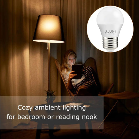 Cozy room lit by Tiny A15 G45 LED Bulb 3W 270 Lumens 3000K Soft White 25W Equivalent E26 Medium Base Frosted Not Dimmable Pack Of 4