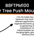 Top Shelf 8 Inch Push Mount Nylon Cable Ties With Slick Fir Tree Tips For Indoor And Outdoor Wiring UV Resistant Black Fasteners displayed with description.