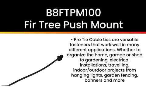 Top Shelf 8 Inch Push Mount Nylon Cable Ties With Slick Fir Tree Tips For Indoor And Outdoor Wiring UV Resistant Black Fasteners displayed with description.