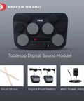 Compact Tabletop Electronic Drum Pad Kit With 8 Touch Sensitive Pads And Pedals, shown with accessories, perfect for practice.